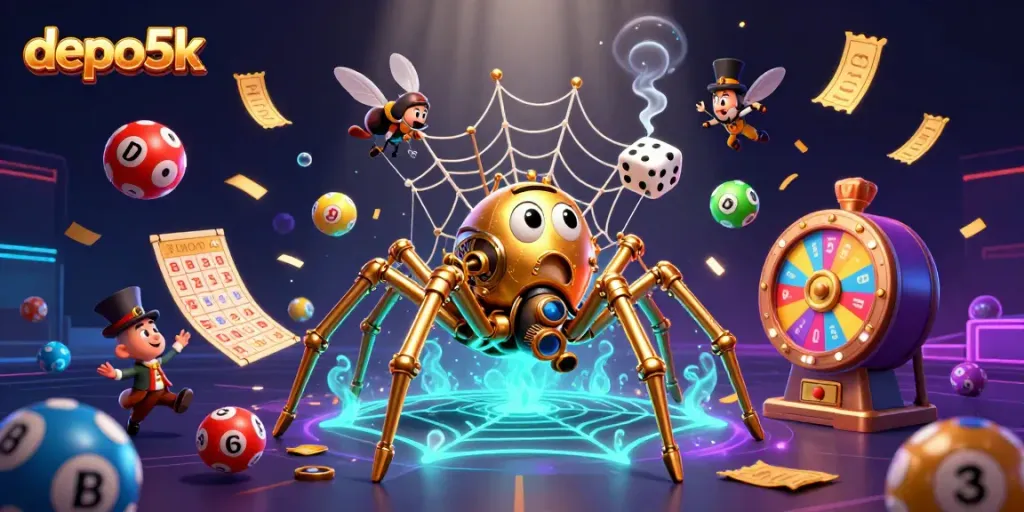Engage in exciting gaming with depo5k as a golden spider weaves a luck-infused web amid vibrant lottery elements.
