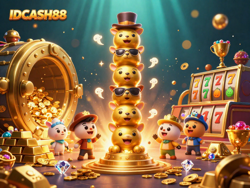 Experience winnings with IDCASH88 surrounded by a vibrant scene of golden treasures and slot symbols.
