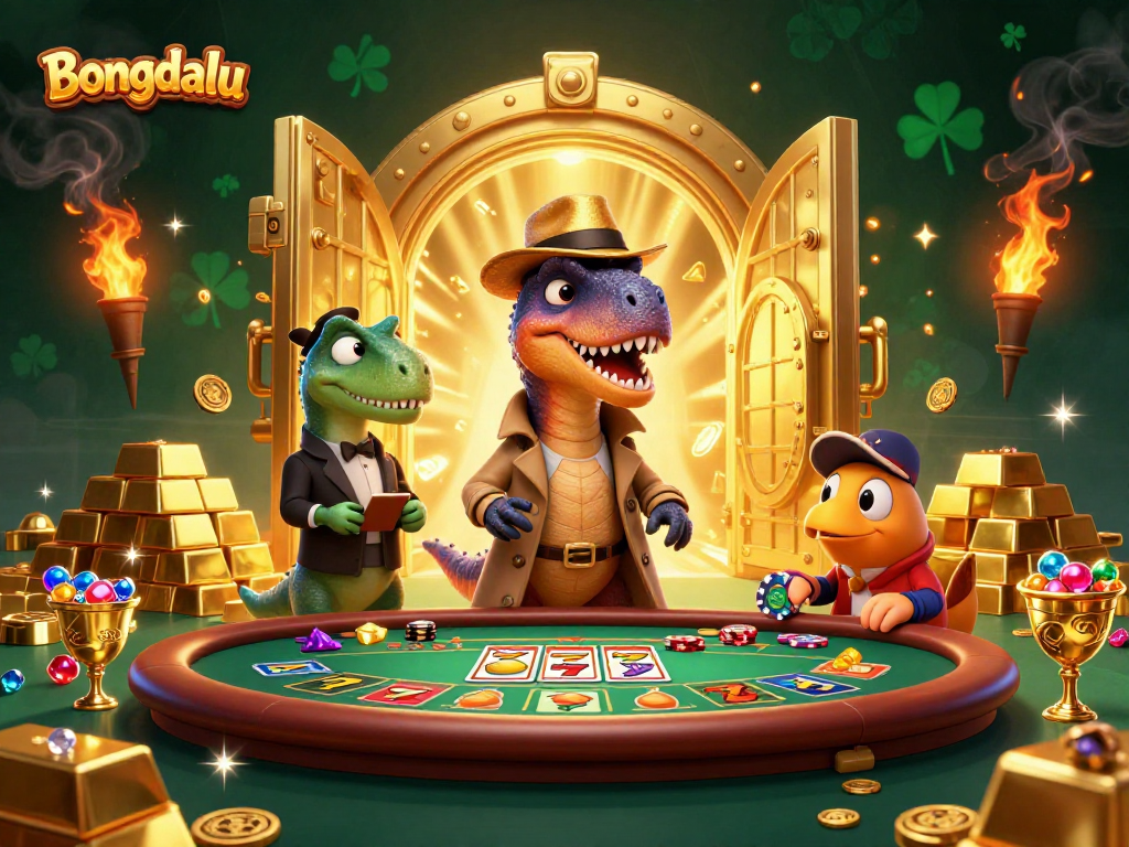 Bongdalu showcases a playful scene with a velociraptor at a blackjack table, surrounded by glimmering treasures.
