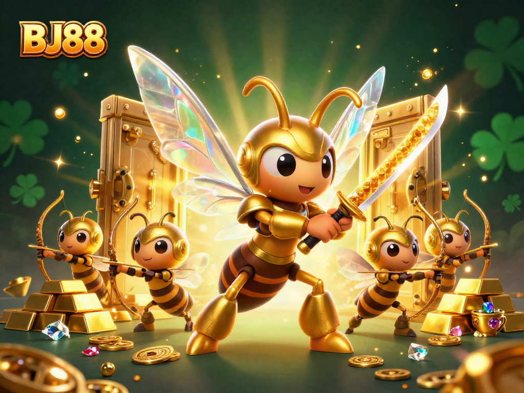 Experience BJ88's thrilling gaming scene with a 3D illustration of samurai hornets and treasures.