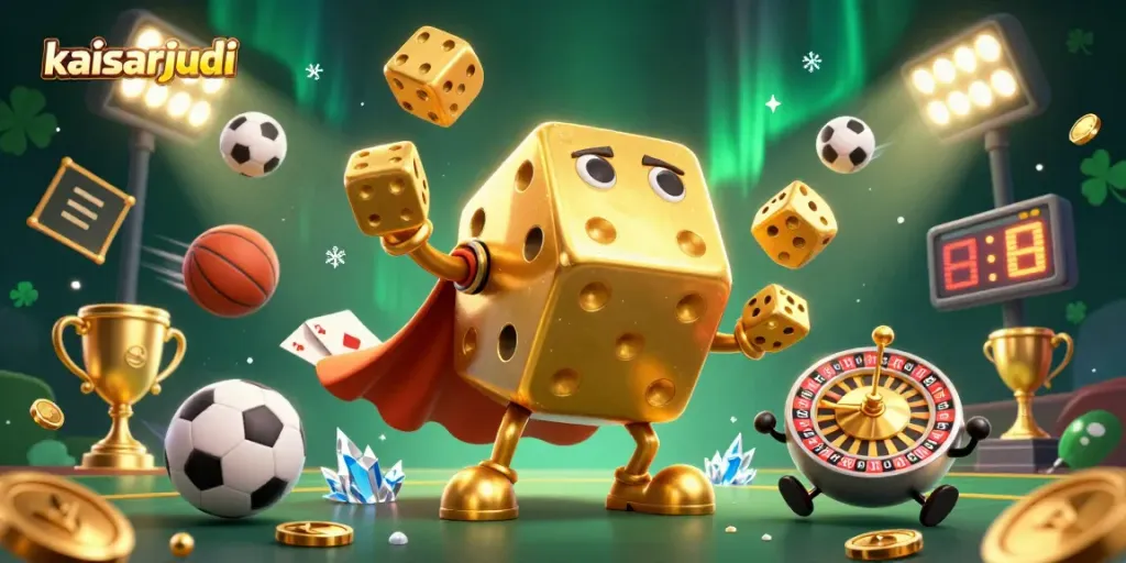 Engaging kaisarjudi illustration showcasing a golden dice golem and sports betting elements in a dynamic scene.
