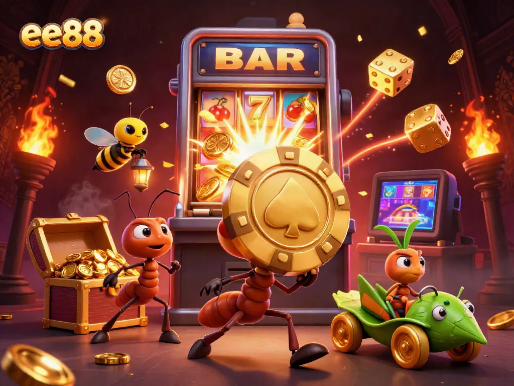 Experience the thrill with ee88 as cartoon ants triumphantly carry a giant poker chip amidst a jackpot explosion.