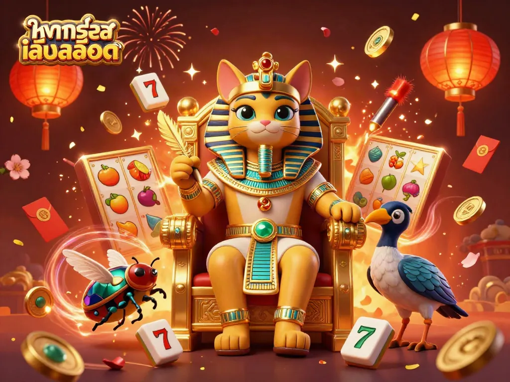 ลองเล่นเกมสล็อตกับฟาโรห์แมวและเพื่อน ibis ในภาพลายเส้น 3 มิติ