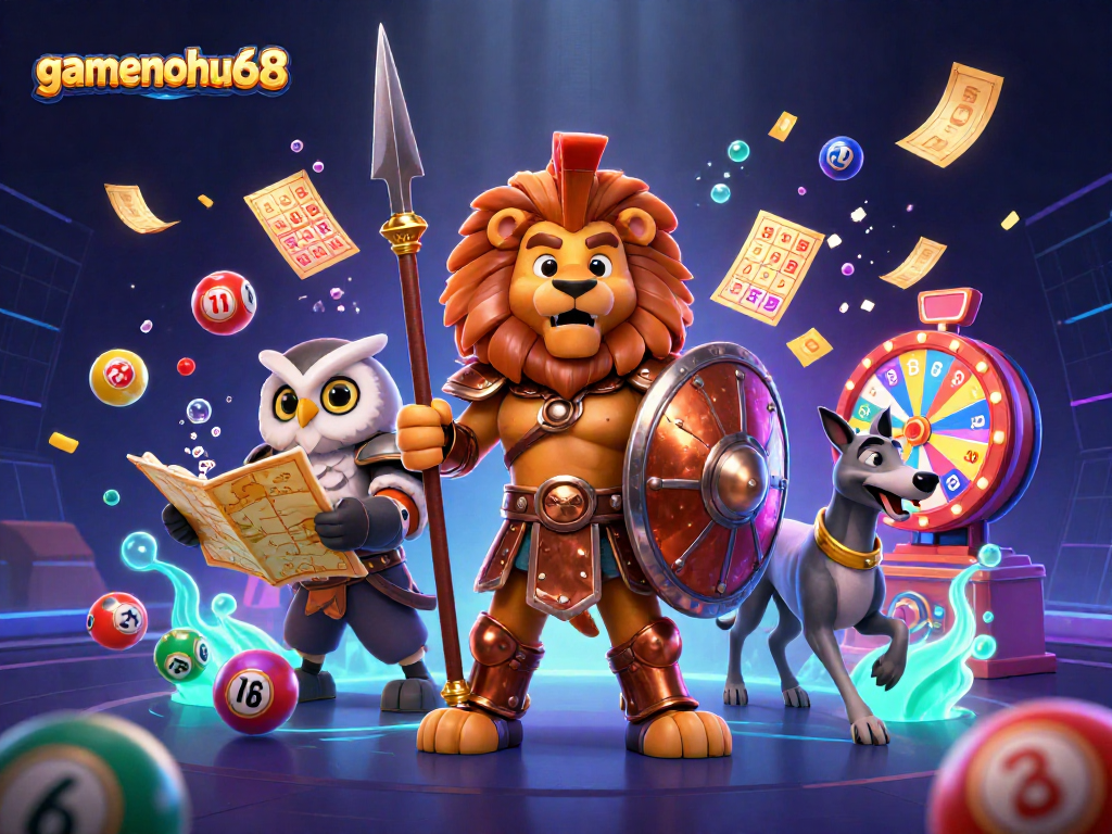 Engage with exciting lottery action as gamenohu68 presents dynamic gaming elements in a vibrant scene.