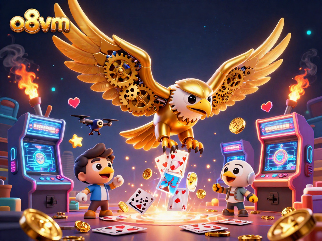 Watch the cybernetic golden eagle soar through holographic cards at o8vm's dynamic casino.