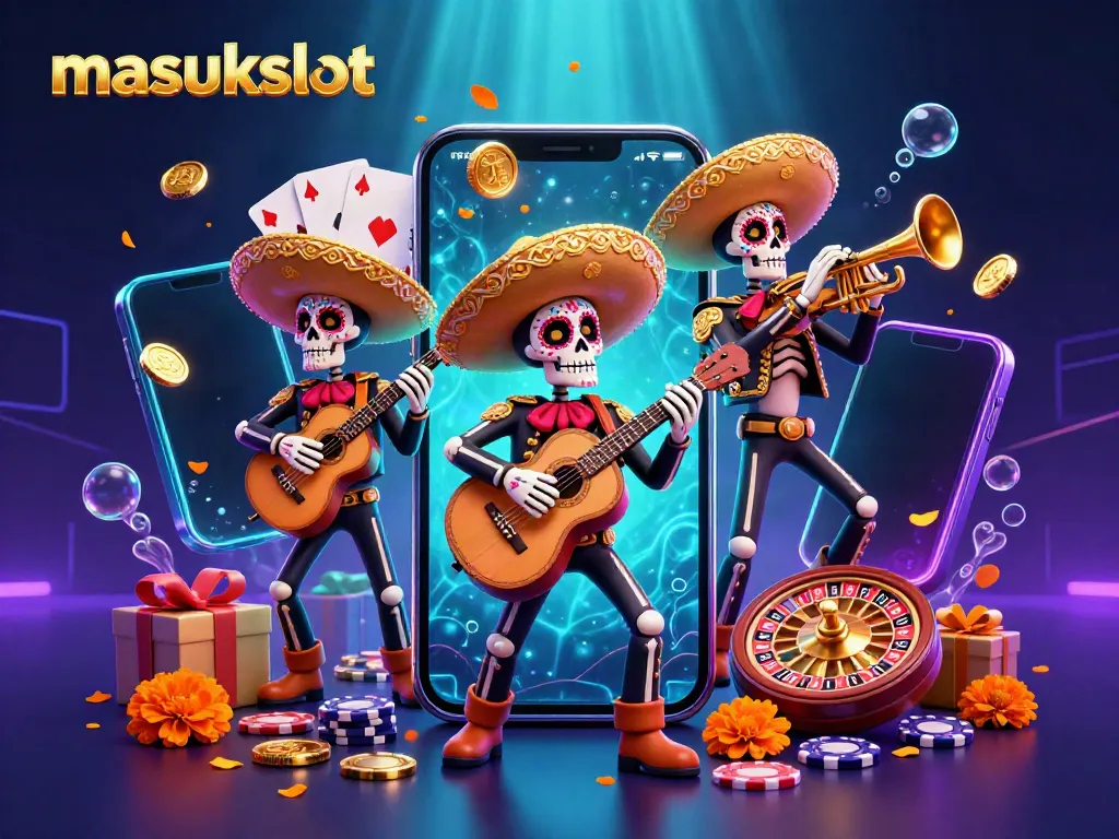 Pengalaman bermain di masukslot dengan band mariachi skeleton Dia de los Muertos dikelilingi elemen permainan kasino.