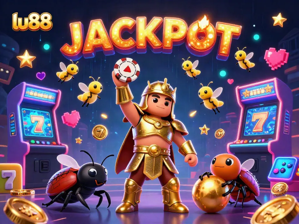 Win big at lu88 with our dynamic gambling scene featuring vibrant slots and iconic characters.