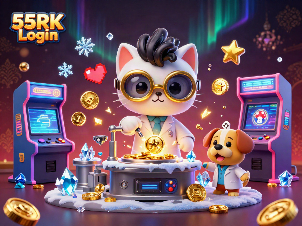 Explore interactive gaming fun with 55RK Login in this vibrant 3D casino illustration.