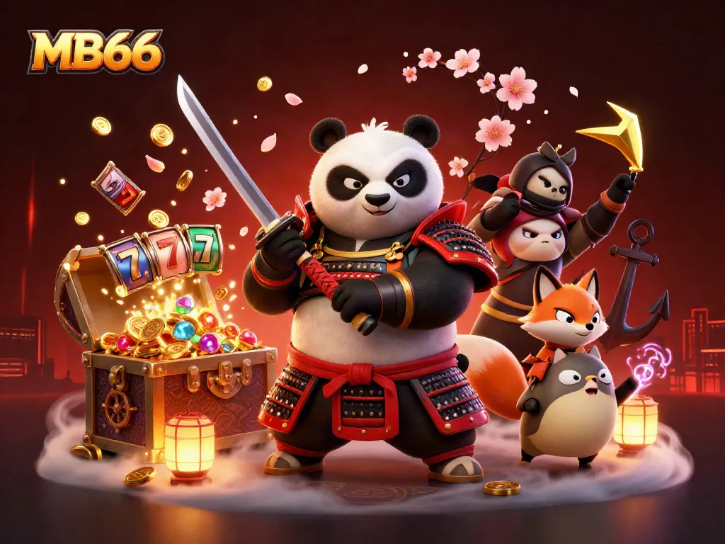 Engage with MB66's vibrant slots adventure featuring samurai panda and ninja fox in action.