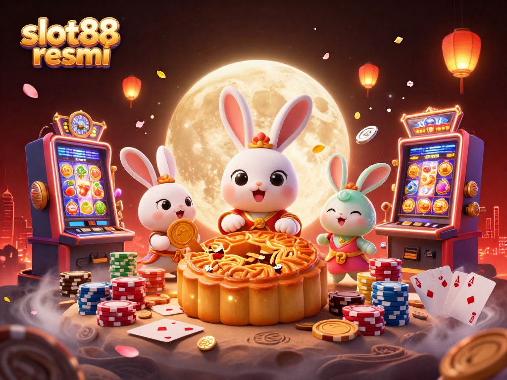Play to win on slot88 resmi with colorful slot symbols and poker chips in vibrant illustration