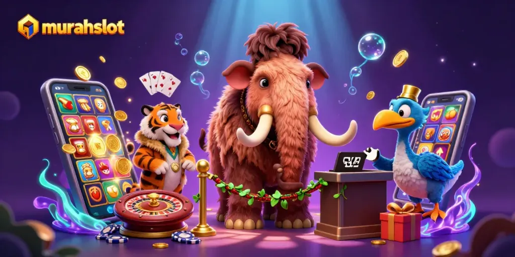 Murahslot menampilkan bouncer mammoth yang memeriksa ID di kasino dengan efek permainan slot yang meriah.