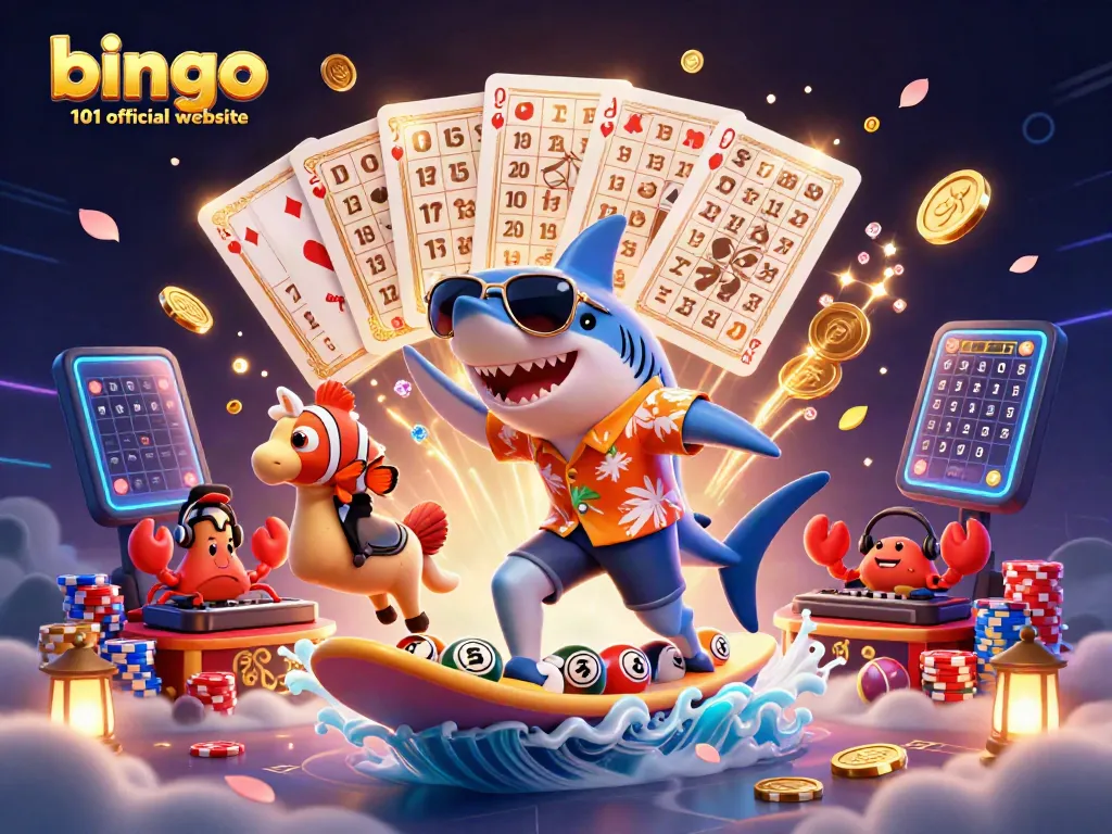 Engage with the unique bingo 101 official website featuring a lively 3D scene with colorful bingo elements and characters.