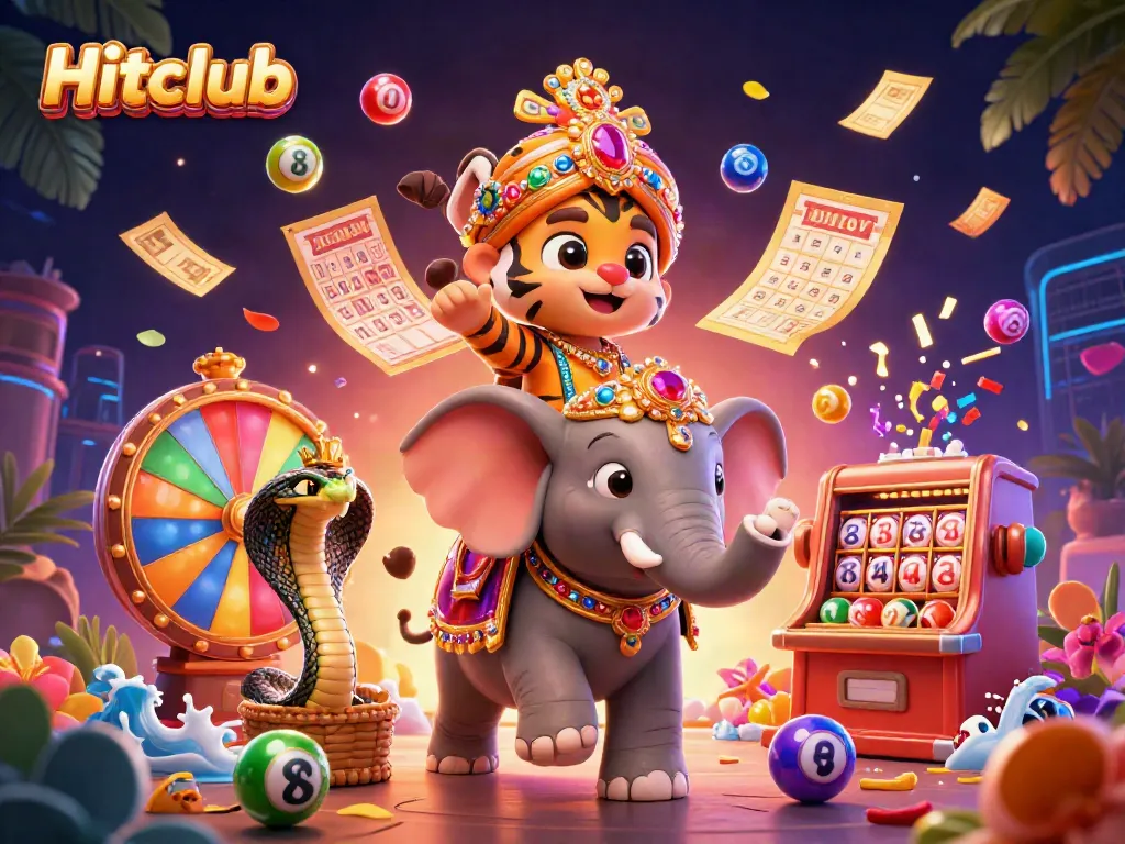 Hitclub's vibrant gaming world depicted with a cartoon tiger and elephant, surrounded by lottery excitement.