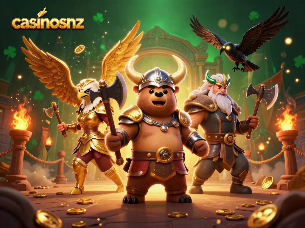 Engage with casinosnz at an epic battle scene featuring a Viking bear, Valkyrie eagle, and glowing ravens.