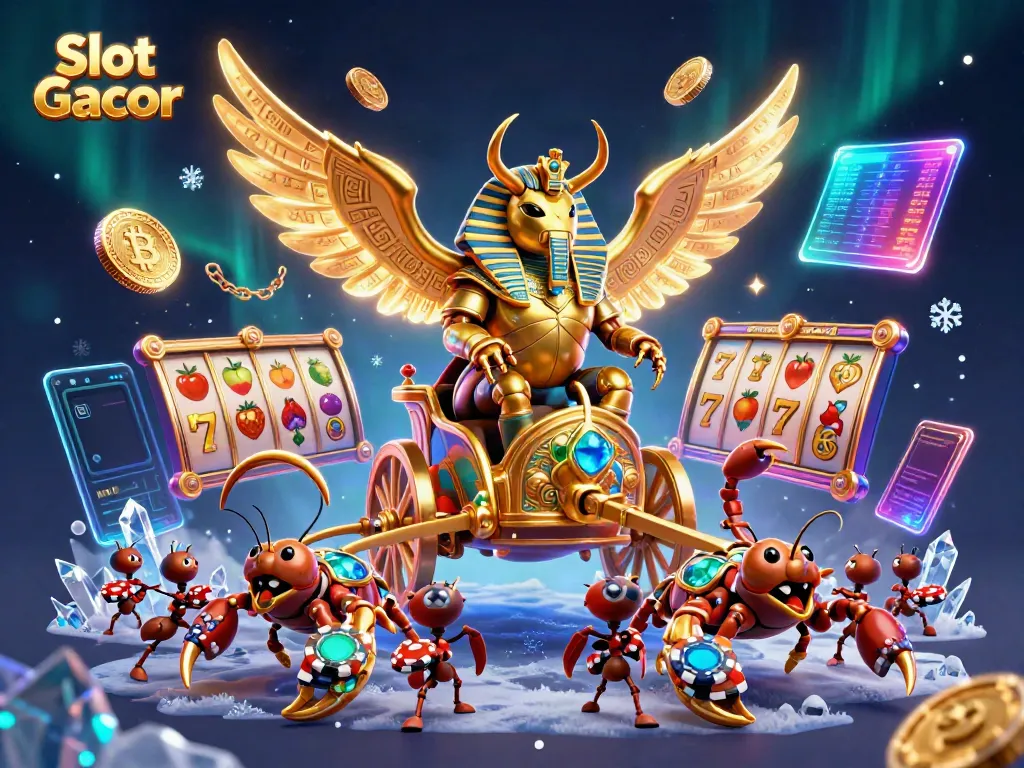 Engage with Slot Gacor as a golden beetle rides a chariot through a vibrant casino scene.
