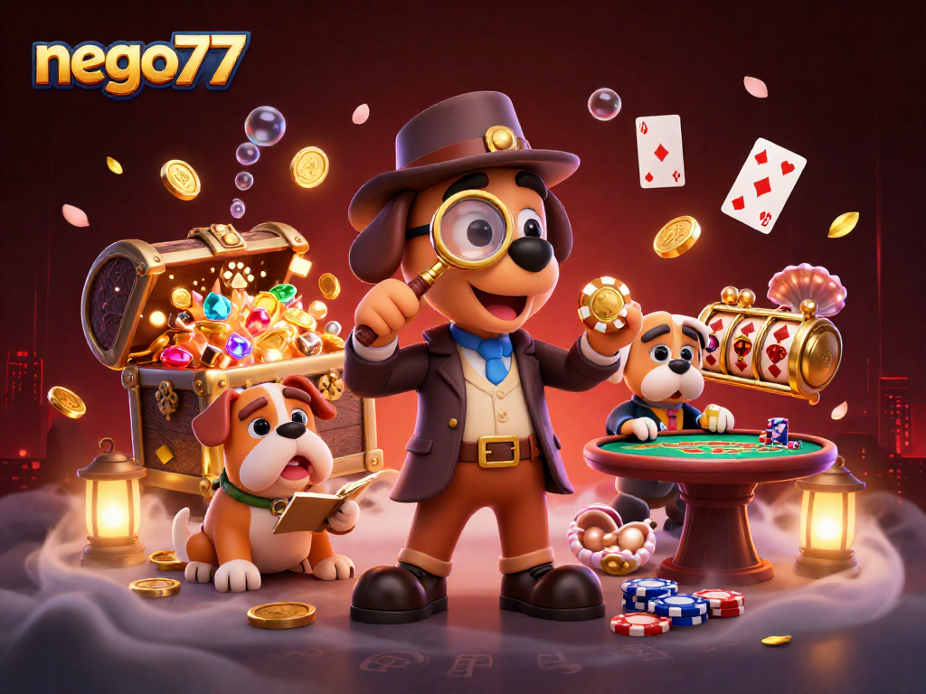 Nego77 casino scene with a detective dog and bulldog investigating treasure clues in a vibrant 3D illustration.