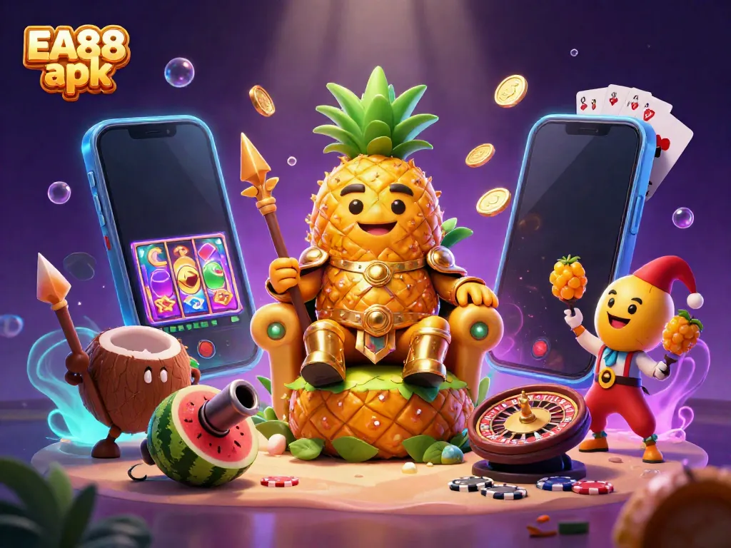 Experience excitement with EA88 apk as the pineapple king rules the beach casino surrounded by vibrant gaming elements.