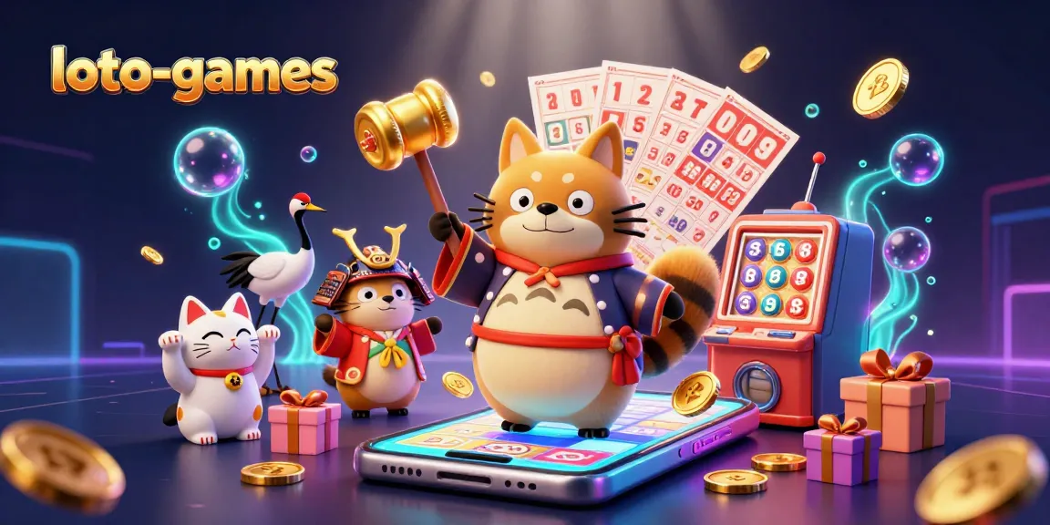 Experience exciting loto-games with cheerful tanuki and fortune cats in a vibrant carnival scene.