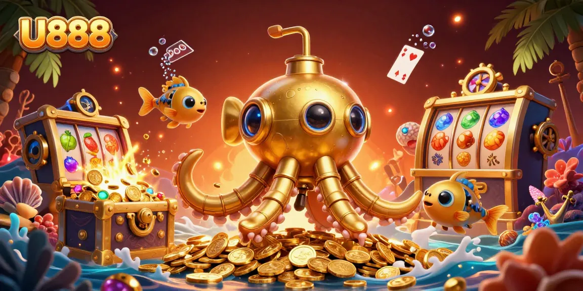 Gamblers explore U888's treasure-filled 3D scene with kraken submarines and slot machines.