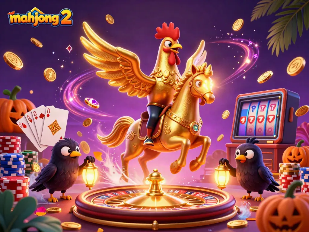 Play Mahjong 2 among cascading coins and vibrant characters in this energetic casino scene.