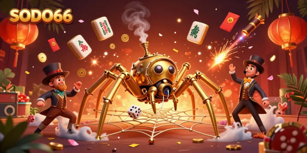 Experience SODO66 with a dynamic steampunk casino scene featuring a golden spider and vibrant gaming elements.