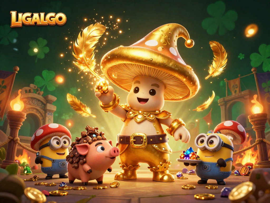 LIGALGO captures a magical casino scene with golden treasures, lively characters, and vibrant elements.
