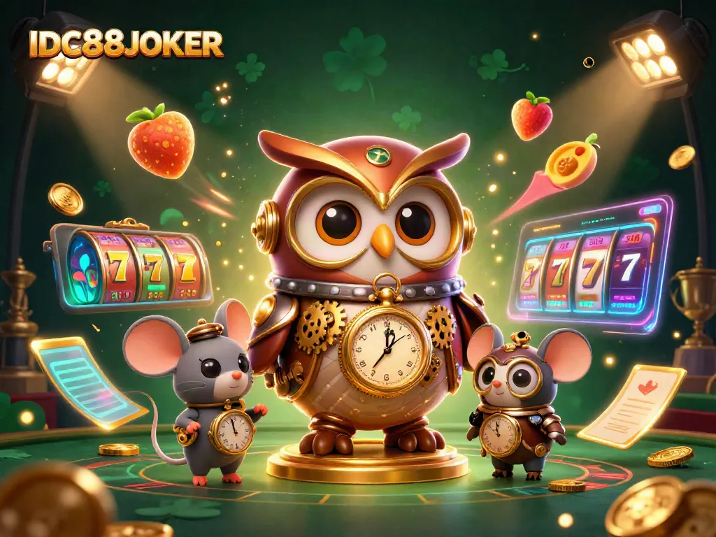 Engage with IDC88JOKER's vibrant gaming scene, featuring a whimsical time-traveler owl amidst dynamic slot elements and golden coins.