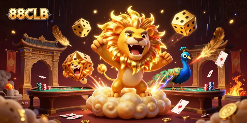 Engage with exhilarating gameplay at 88CLB featuring vibrant casino elements and a captivating lion.
