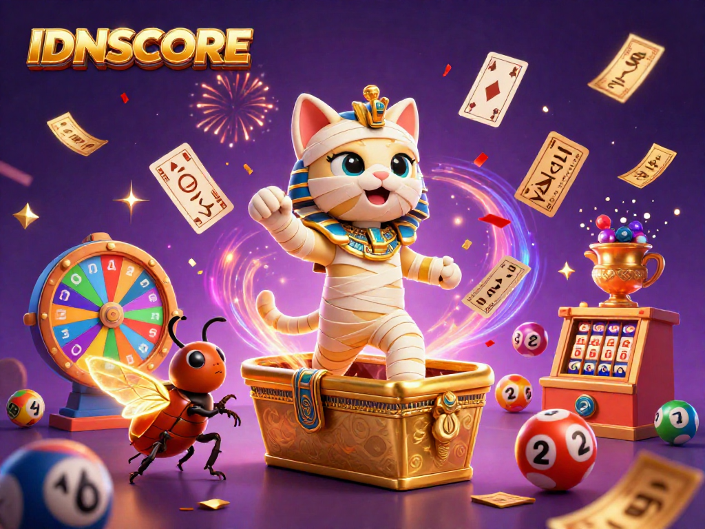 Engage in exciting slots with IDNSCORE featuring an Egyptian mummy cat in a vibrant casino scene.
