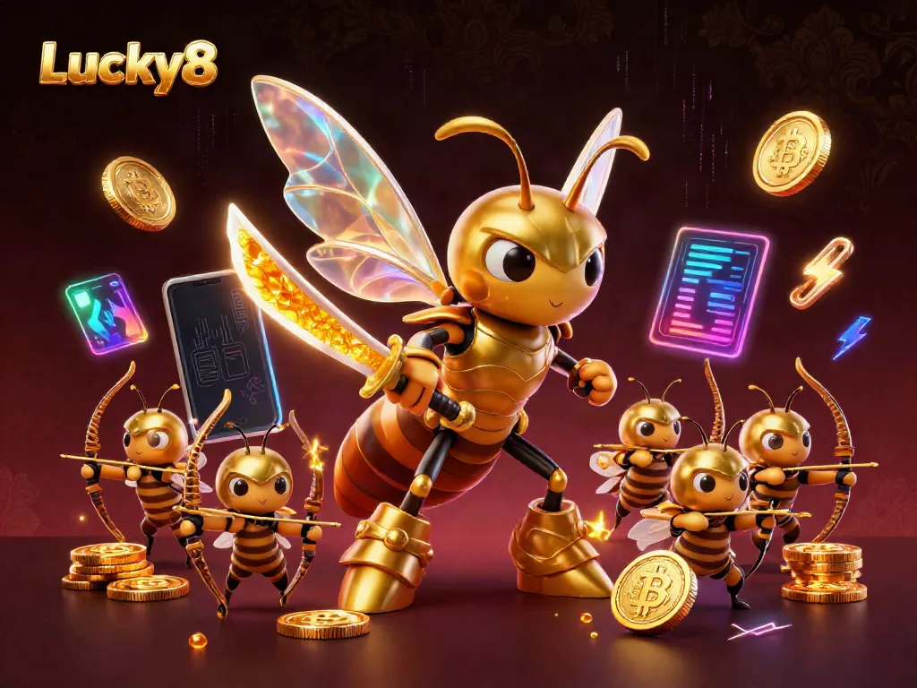 Experience excitement with Lucky8 as a giant samurai hornet and bee archers create a vibrant casino scene.