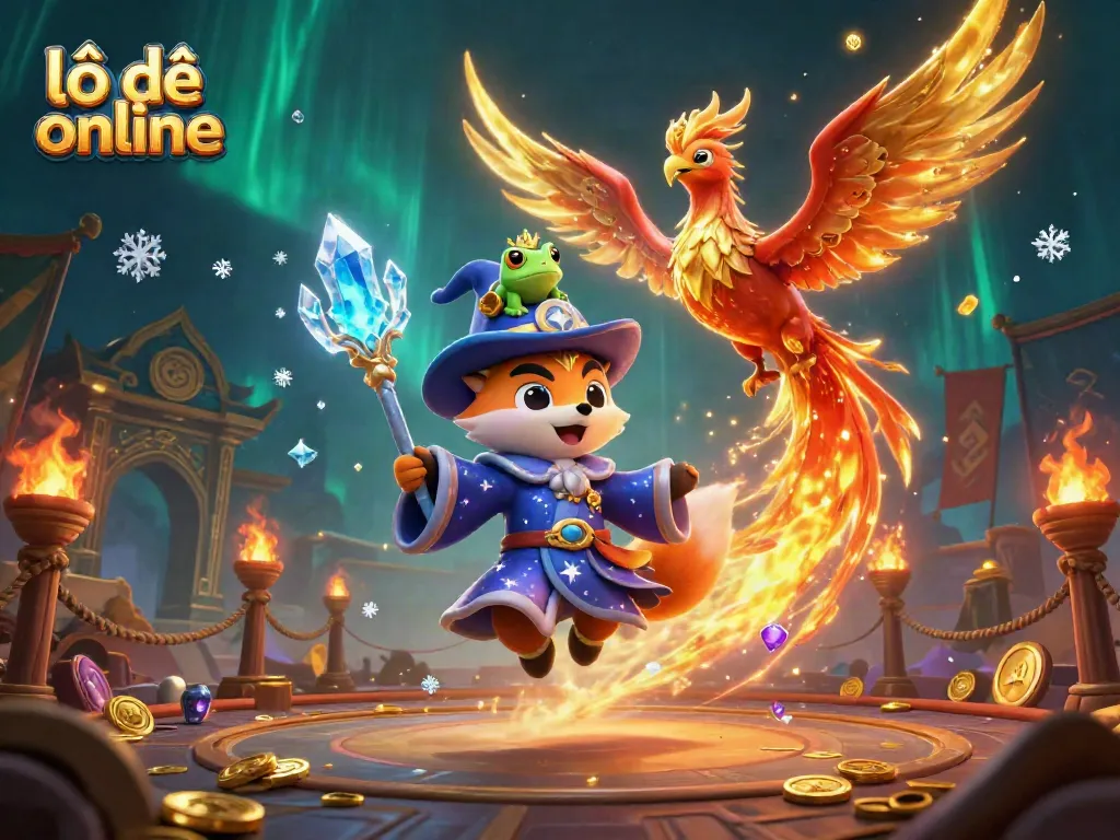 Experience the excitement of lô đề online with a mystical scene of a wizard fox and phoenix in vibrant 3D.