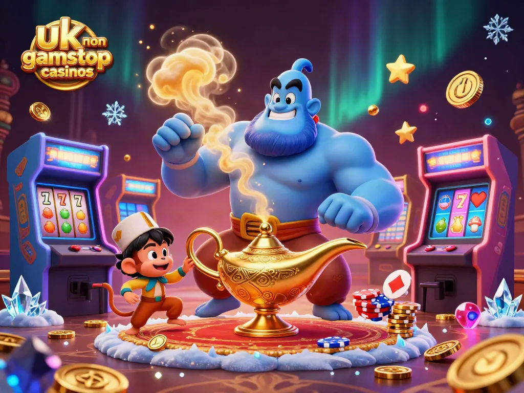 Experience the excitement of uk non gamstop casinos with a genie, monkey, and magic carpet amidst dazzling gaming elements.