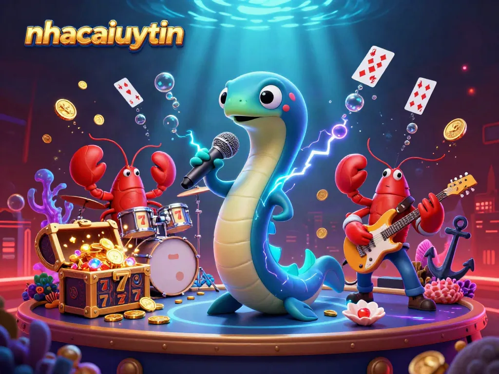 nhacaiuytin showcases a vibrant underwater casino scene featuring an electric eel DJ with slot machines and treasure.