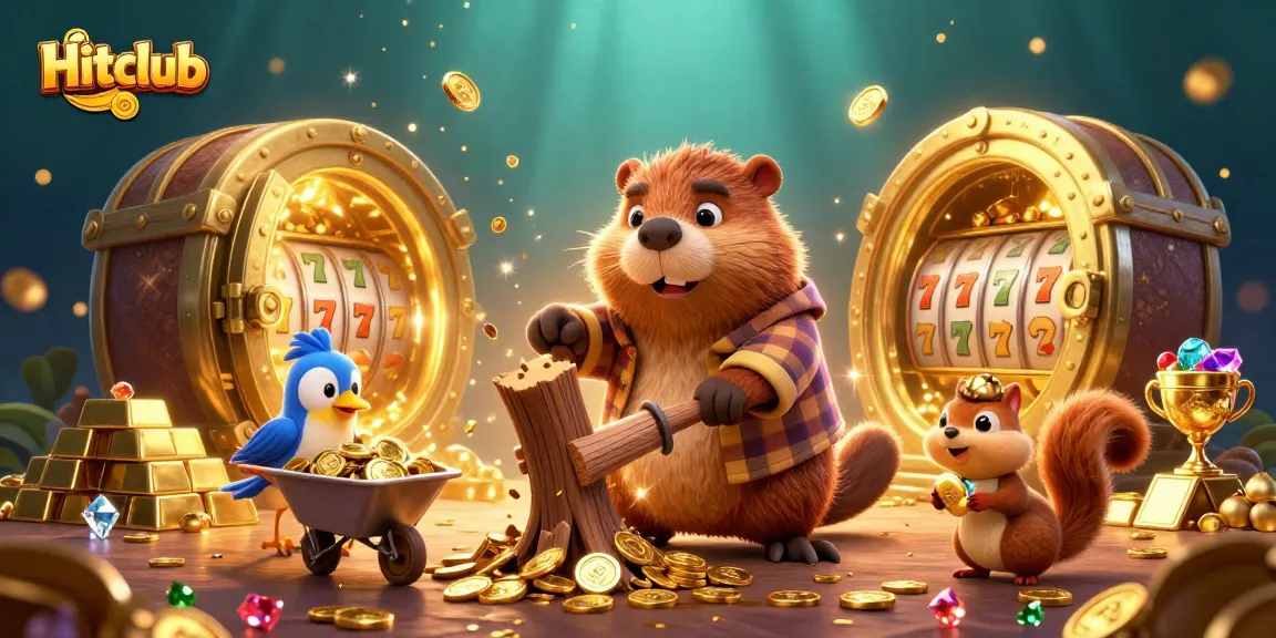 Hitclub's engaging casino adventure with a beaver, bird, and squirrel amidst gold and gems.