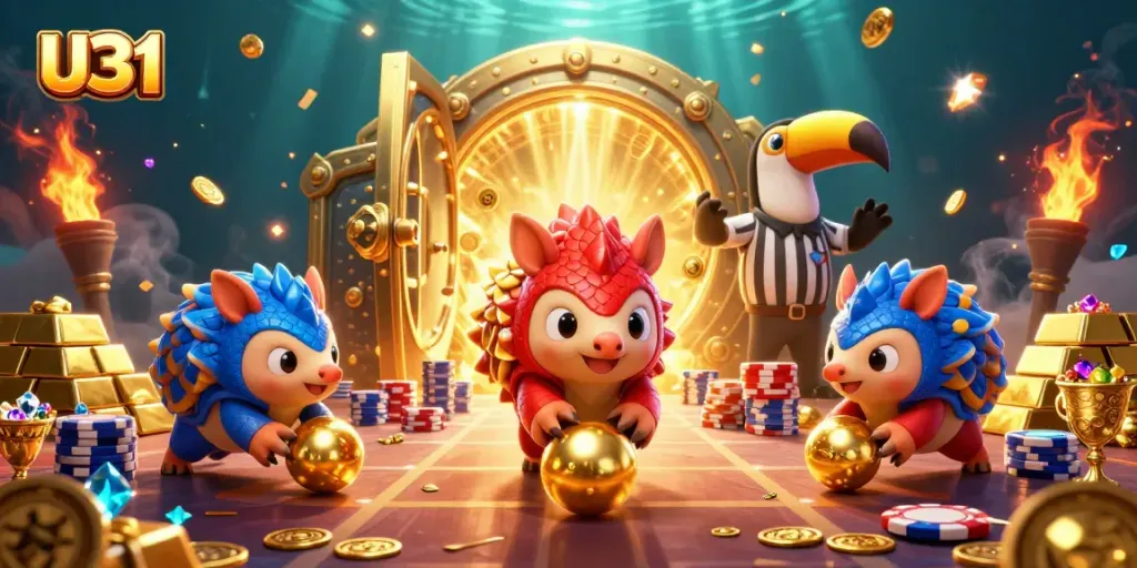 U31 pangolins bowl through stacks of poker chips in a vibrant casino scene, showcasing exciting gambling action.
