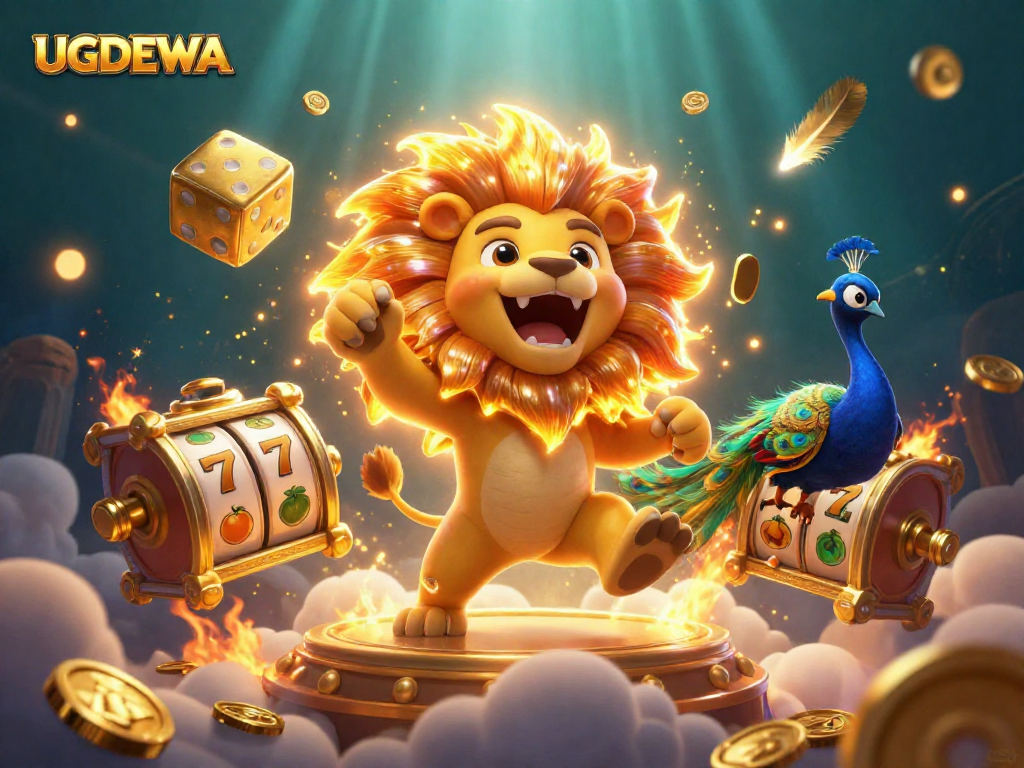 Engage with UGDEWA's vibrant slot gaming action featuring a roaring sun lion amidst dynamic casino elements.