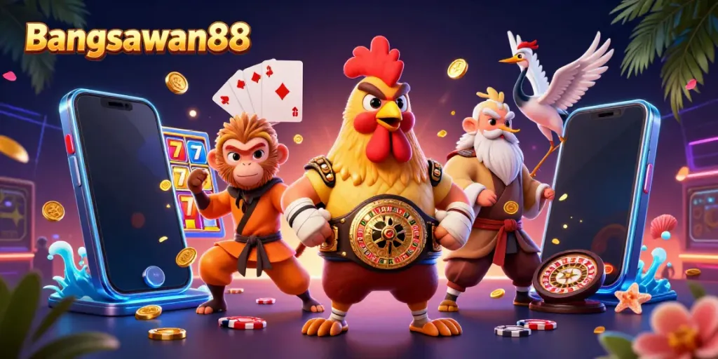 Bangsawan88 offers thrilling action with a Muay Thai rooster, Shaolin monkey, and crane master in a vibrant casino setting.