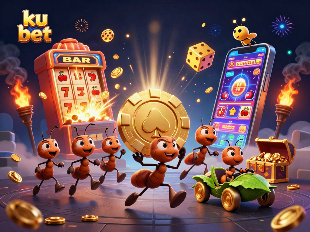 ku bet showcases a heist by cartoon ants with chip, colorful slot, and dice explosion.