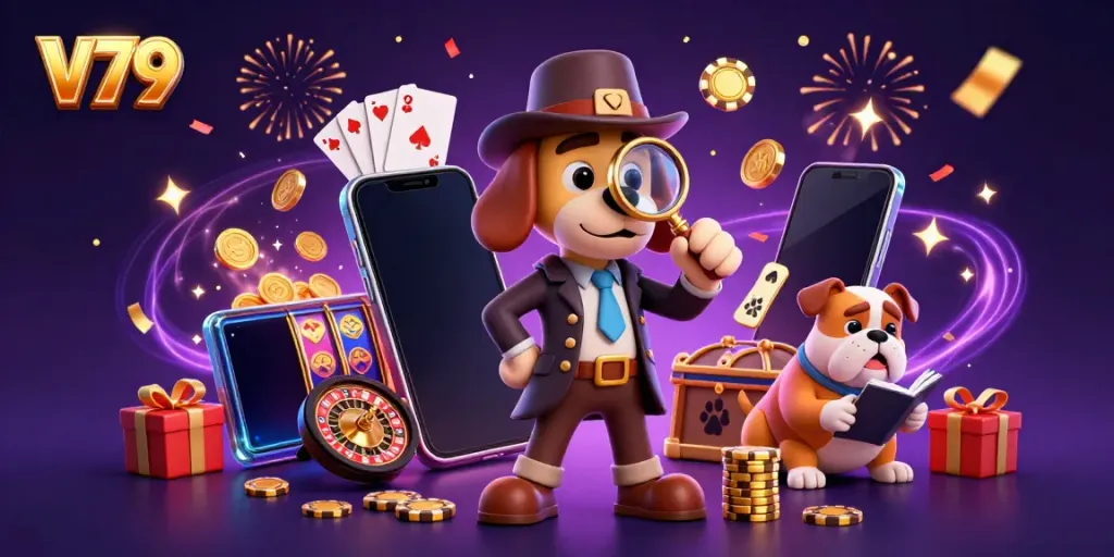 V79 casino illustration showcasing a cartoon detective finding a poker chip among casino elements.