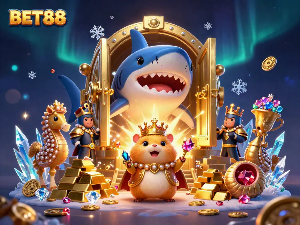 Khám phá Bet88 với hình ảnh vua hamster vàng và kho báu lấp lánh từเกมสล็อต.