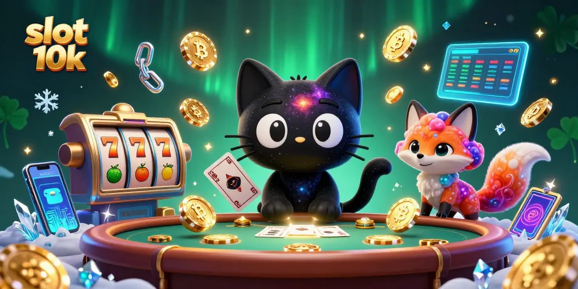 Slot 10k menghadirkan momen menarik dengan slot reels yang berputar dan kucing hitam berputar.