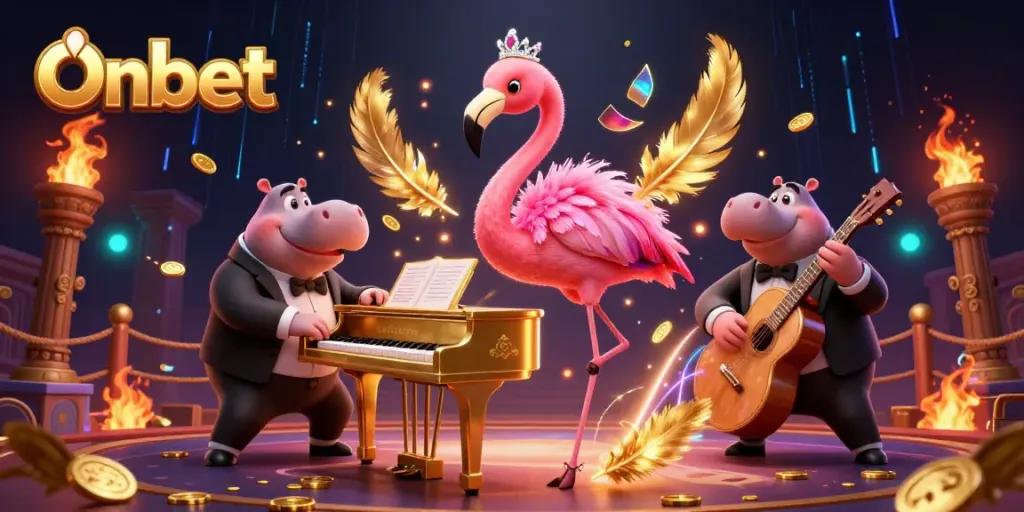 Experience the excitement of Onbet with a vibrant casino scene featuring a singing flamingo and a cool hippo bassist.