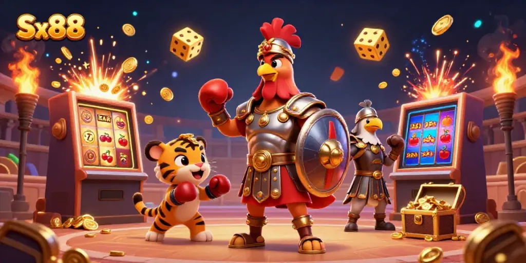Sx88 showcases a lively casino scene with a gladiator rooster and vibrant slot machine action.