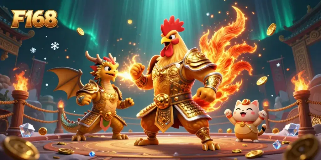 Join F168's exhilarating gaming arena with a dynamic rooster warrior and dragon hatchling amidst golden sparks and casino elements.