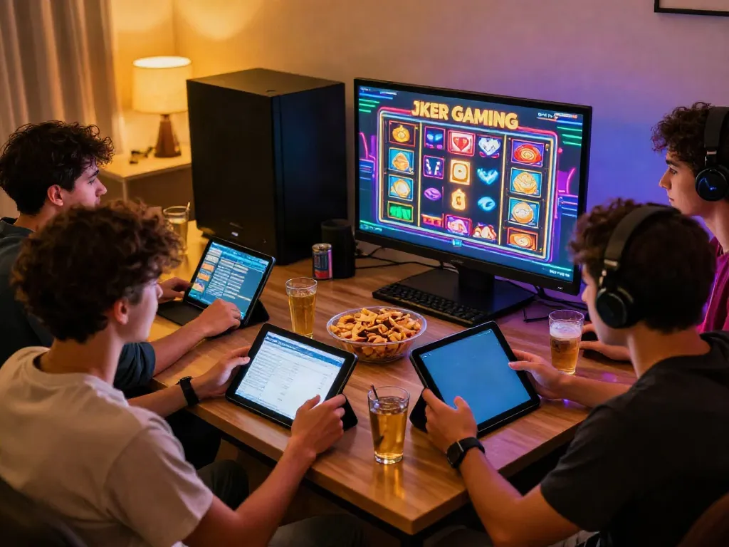 กลุ่มเพื่อนกำลังเล่นเกมสล็อต JOKER GAMING อย่างสนุกสนานในบรรยากาศเต็มไปด้วยความตื่นเต้น