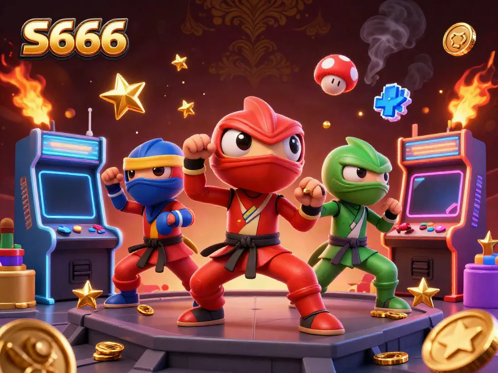 Engage in thrilling gameplay with S666's vibrant 3D casino illustration showcasing ninja chameleons and arcade action.