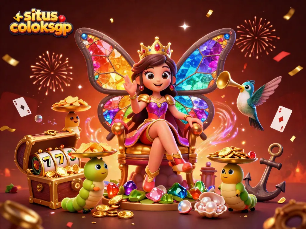 Situs coloksgp menghadirkan ilustrasi berkilau dalam suasana kasino dengan ratu kupu-kupu dan simbol slot.