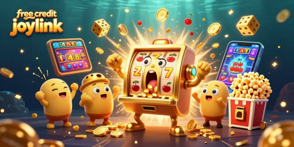 Claim your free credit no deposit joylink boost while a golden slot machine celebrates its jackpot!