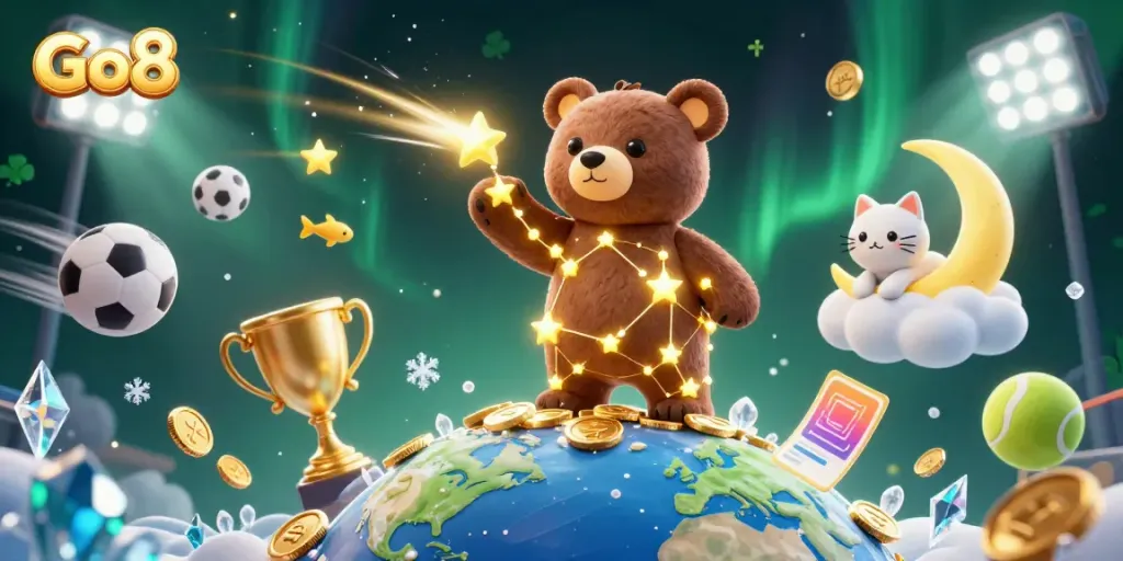 Go8 showcases animated bear scooping coins amidst vibrant sports-themed casino elements.