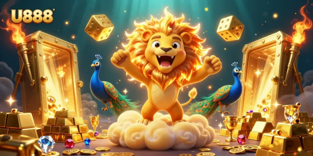 U888 showcases a vibrant 3D casino scene with a roaring sun lion and golden gaming elements.